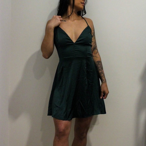 Satin Forest Green Mini Dress - Picture 2 of 2